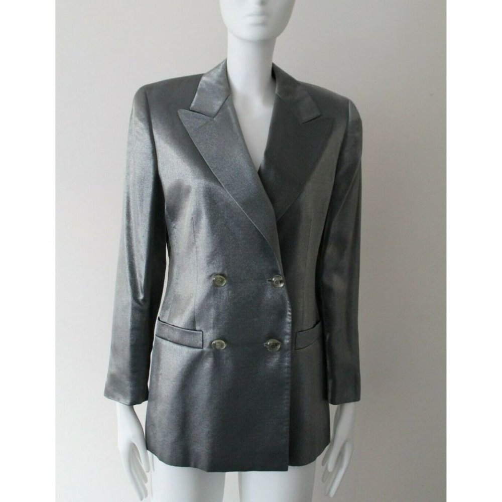 Escada Double Breasted Silk Blazer Jacket Runway Silver Metallic EU 36